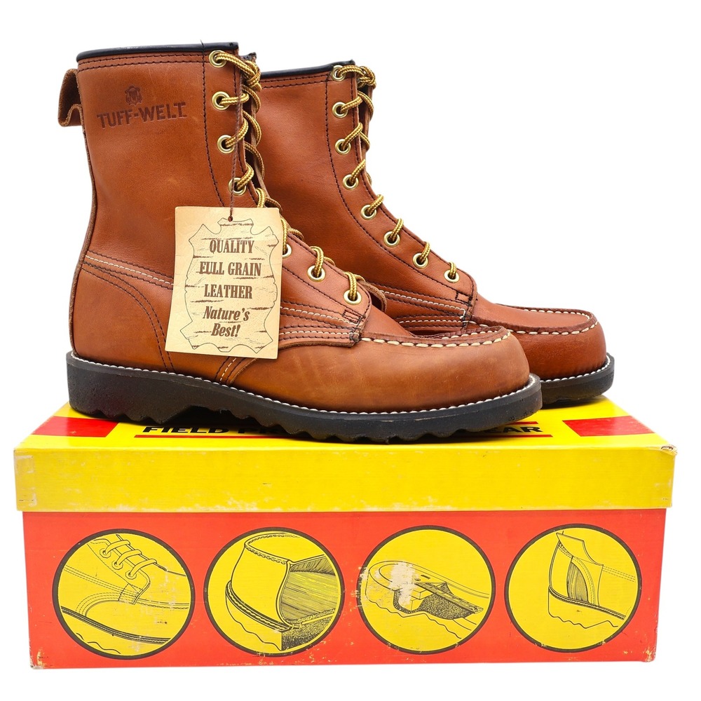 Tuff-Welt Work Boots Mens 7 Vintage Brown Full Grain Leather Moc Toe USA 332